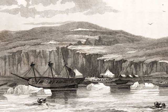 Engraving shows HMS Fury abandoned on Fury Beach, Somerset Island.
