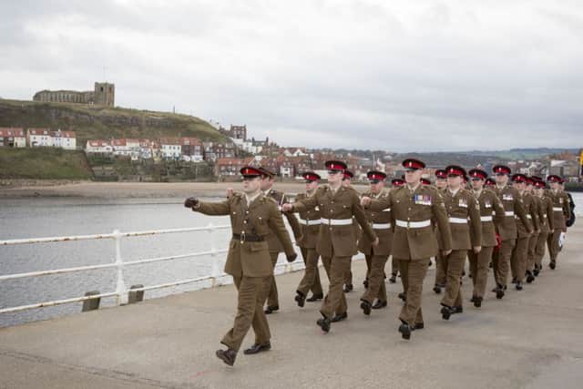 Troops from REME Battalion & Royal Scots Dragoons, attend Armistice Day at Whitby War Memorial, Dock End & rembrance palque at end of piers. All pics: Scott Wicking.