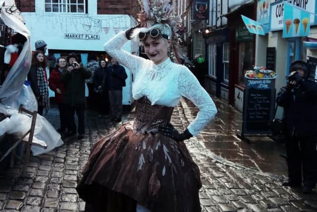 Sarah Louise Hardwick studies Costume at London College of Fashion. Here she is posing on Whitby's cobbled streets.
