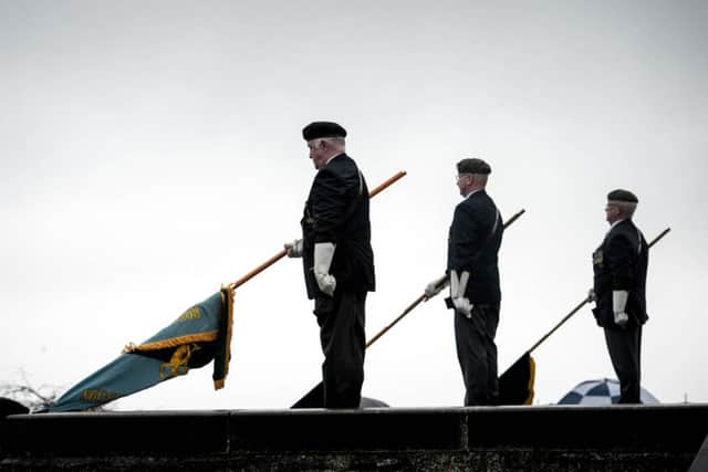REMEMBRANCE SUNDAY 2015 --- The Remembrance service in Scarborough takes place at Oliver's Mount. // Standard bearers. Sunday 8th November 2015. HARRY ATKINSON