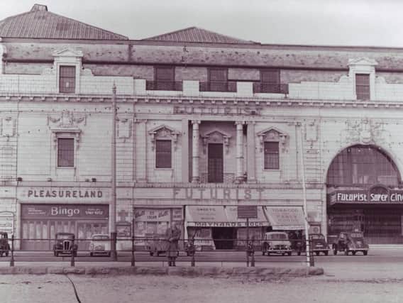 Futurist Theatre pictured with its original tile facade in the late 1950s.