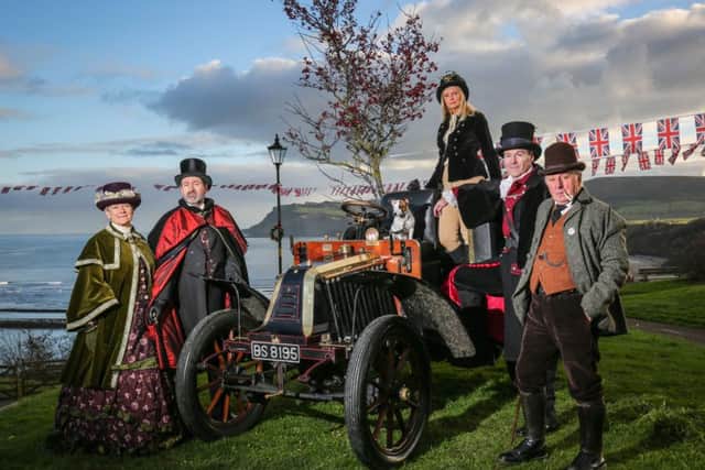 Mary and Phil Matthison, David Friar, Maria Eden and Muir Mennell with Jack russell Molly at the 23rd Victorian Weekend in Robin Hood's Bay. (w164803a)