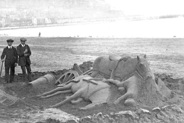 The title of this postcard image is 'Sand model at Scarborough' and is a graphic depiction of gun carriage totally destroyed, a dead horse and soldier and a second horse stuck in a quagmire of mud.
The harrowing scene from the First World War was probably created by the two gents looking.
Photo reproduced courtesy of the Max Payne collection.
Reprints can be ordered with proceeds going to local charities. Telephone 0330 1230203 and quote reference number