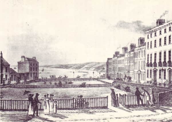 Early picture of St Nicholas Cliff, on the extreme left, where the Grand Hotel stands today, Scarboroughs own hospital of St Nicholas once stood