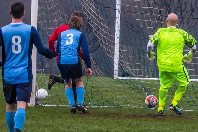 Sean Exley levels up for West Pier with the first of his five goals in their 9-2 win at Whitby Fishermen. Picture: Brian Murfield.
