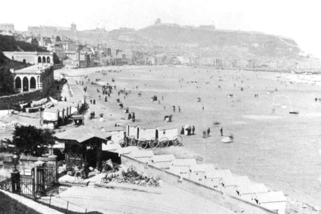This scene of Scarborough's South Bay is taken from the footpaths close to where the Aquaruim roundabout stands today.
In the foreground is the elaborate gated entrance and ticket booth to the Spa area and on the extreme left bathing machines stand on an undeveloped Foreshore Road.
Construction of Foreshore Road was completed in 1877 to coincide with the inauguration of the Aquarium underground entertainment complex.
Photo reproduced courtesy of the Max Payne collection.
Reprints can be ordered with proceeds going to local charities. Telephone 0330 1230203 and quote reference number