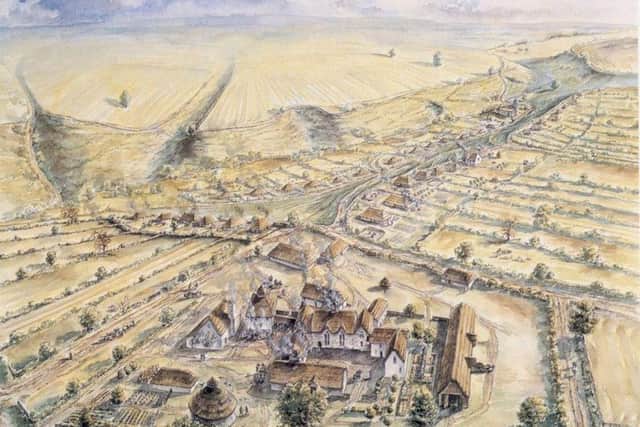 Artist interpretation of the medieval village of Wharram Percy.