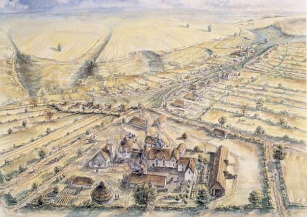Artist interpretation of the medieval village of Wharram Percy.