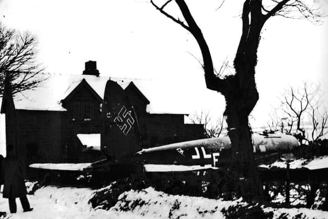 The German bomber which was shot down and landed at Bannial Flatt, Sleights road end, in February 1940.