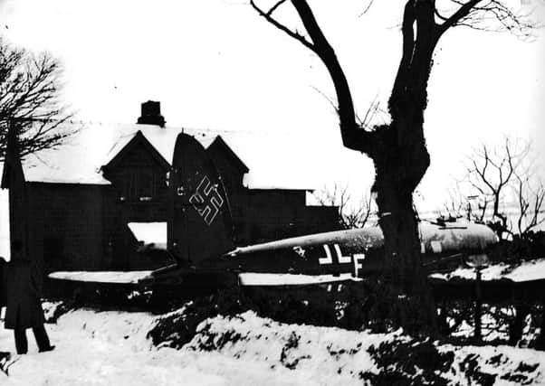 The German bomber which was shot down and landed at Bannial Flatt, Sleights road end, in February 1940.