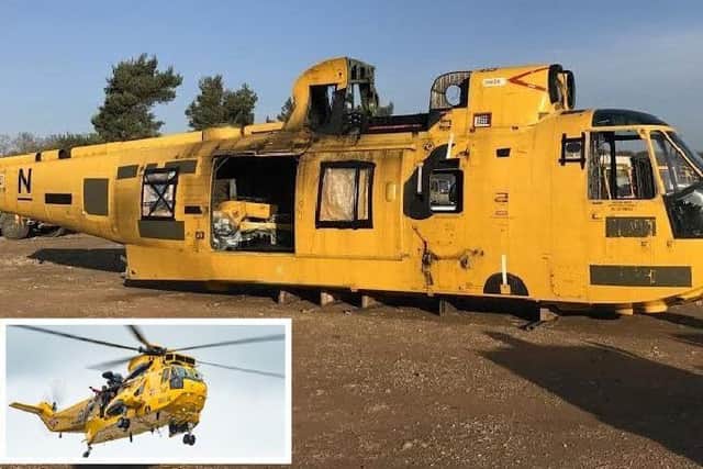 The Sea King helicopter which is being transformed into a cafe. Inset: the Sea King in action as a search and rescue helicopter.