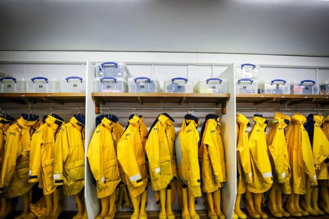 Inside the lifeboat station.