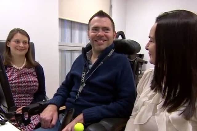 Jason Liversidge smiles as he hears his voice for the first time, as the 41-year-old father who has motor neurone disease will be able to keep his Yorkshire accent despite the fact he is losing the ability to speak. PIC: PA