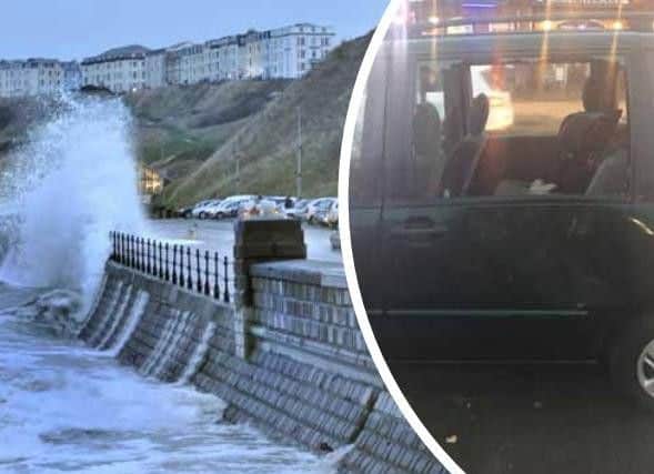 A three-year-old was injured after a wave smashed the rear left passenger window at Scarborough seafront. Right image: North Yorkshire Police.