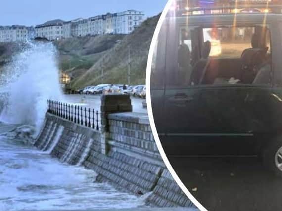 A three-year-old was injured after a wave smashed the rear left passenger window at Scarborough seafront. Right image: North Yorkshire Police.