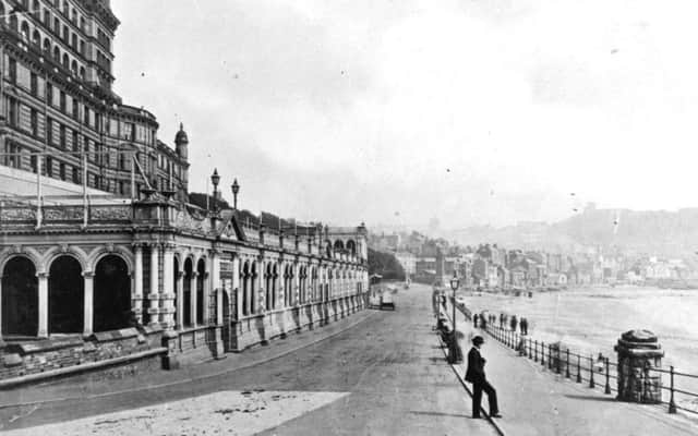 Picture shows Scarborough's Foreshore Road and Grand Restaurant  which was built in 1871 and was independent to the Grand Hotel.
The restaurant which was over 100 feet long also incorporated a roller skating rink. A picture house opened in the building in the summer of 1914 but was badly damaged during the German bombardment later that year in December 1914.
The building reopened in 1919. The picture house was still operating in 1944 but closed in 1947.
Photo reproduced courtesy of the Max Payne collection. 
Reprints can be ordered with proceeds going to local charities. Telephone 0330 1230203 and quote reference number