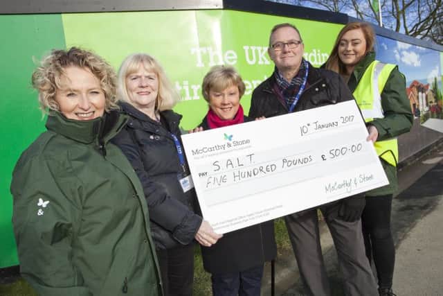 McCarthy & Stone Newby Farm Laura Wigglesworth (M and S), Carol Sellers, Rosemary Forrest, Phil Cook (all from SALT charity) and Camilla Tite (Sales Executive, on her first day at MandS