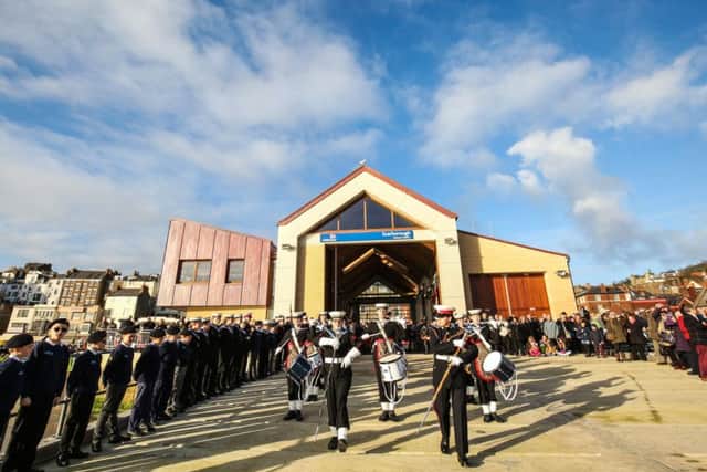 Crowds gather at the building to welcome the new Shannon Class lifeboat.