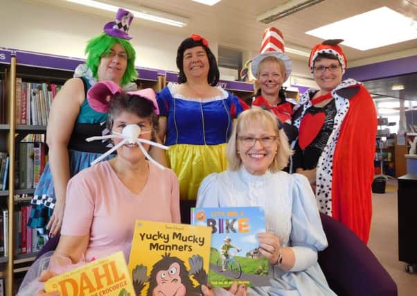 World Book Day at Newby and Scalby Library. Pictured back row, left to right: Kelsey Hodgson (Mad Hatter), Lesley Newton (Snow White), Volunteer Gill Furze (The Cat in the Hat), Isobel Nixon (Queen of Hearts)
Front, Judy Woodroffe (Angelina Ballerina) and Pat Gardner (Alice in Wonderland).