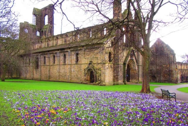 Signs of spring as flowers bloom at Kirkstall Abbey in Leeds.