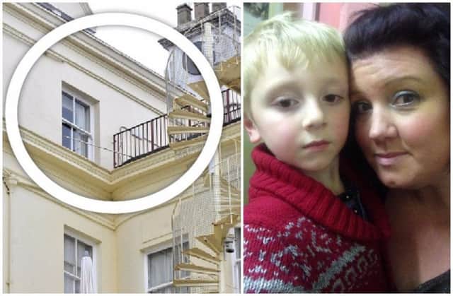 The hotel window through which two men climbed while Zara Gillibrand and her five-year-old son were in bed