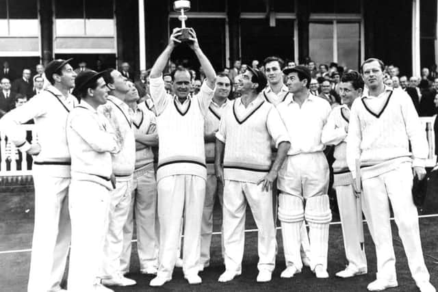 Lords, London, 4th September 1965
, the
Gillette Cricket Cup final. Yorkshire captain Brian Close holds the cup aloft watched by his victorious team including
Don Wilson, Doug Padgett, John Hampshire, Ken Taylor, Brian Close, Ray Illingworth, Fred Trueman, Richard Hutton, Jimmy Binks, Phil Sharpe, Geoff Boycott.