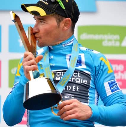 The winner of the Tour de Yorkshire 2016 Thomas Voeckler with the trophy in Scarborough