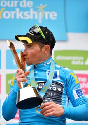 The winner of the Tour de Yorkshire 2016 Thomas Voeckler with the trophy in Scarborough