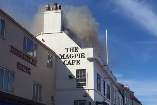 Smoke coming from the roof of The Magpie Cafe in Whitby today.