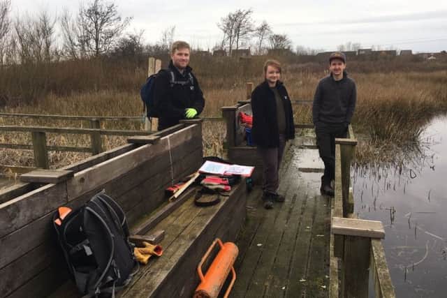 The pond-dipping platform at Filey Dams Nature Reserve.