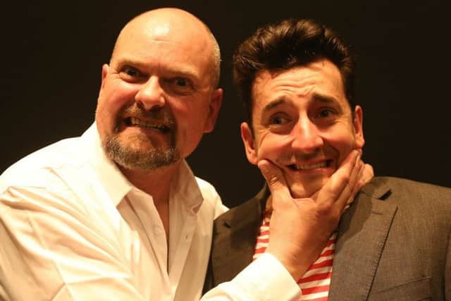 Andrew Westfield as Biff and, right, Chris Hannon as Colin