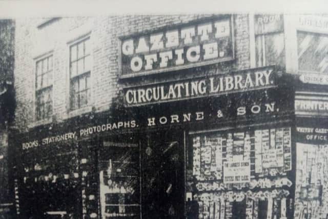 Old picture of the Whitby Gazette office from Horne's Guide to Whitby. The former Gazette office was on the corner of Grape Lane and Bridge Street.