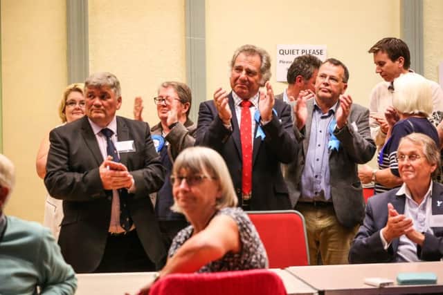 Conservatives celebrate a win during the count results at Scarborough Spa for the 2017 General Election. 172202e
 Thursday 8 June 2017. Picture: Ceri Oakes