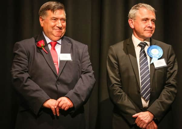 Labour's Eric Broadbent and Conservative's Robert Goodwill on stage for the count results at Scarborough Spa for the 2017 General Election. 172202b
Thursday 8 June 2017. Picture: Ceri Oakes
