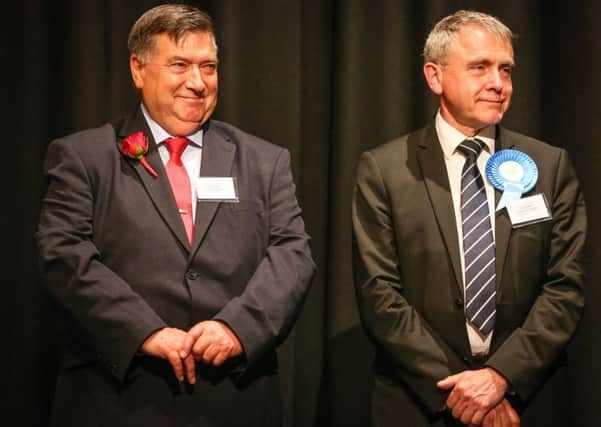 Labour's Eric Broadbent and Conservative's Robert Goodwill on stage for the count results at Scarborough Spa for the 2017 General Election. 172202b
 Thursday 8 June 2017. Picture: Ceri Oakes