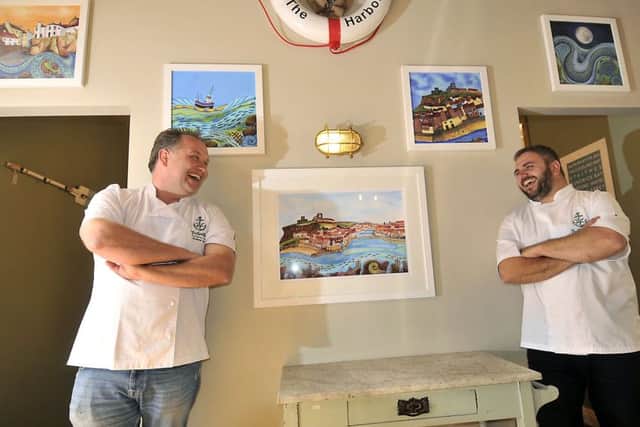 Andrew Pern celebrates the opening of The Star Inn Harbourside Whitby with Head Chef Wayne Gildroy . pic Richard Ponter 173015b