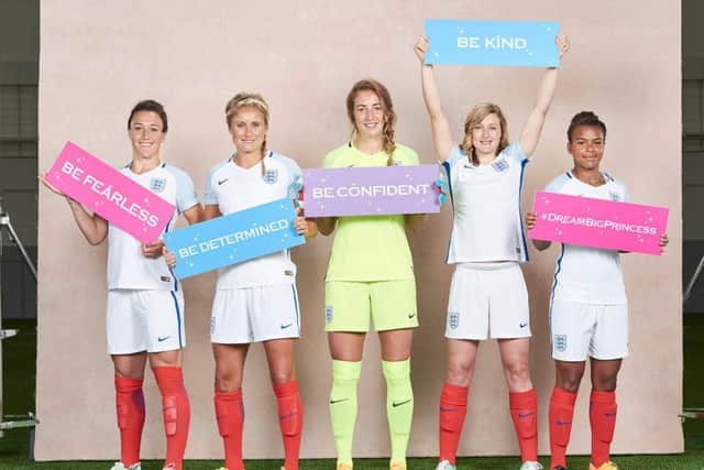 Disney Princess advice from the Lionesses (from L-R) Lucy Bronze, Steph Houghton, Siobhan Chamberlain, Ellen White, Nikita Parris giving advice to young girls.