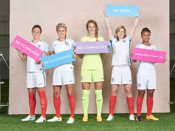 Disney Princess advice from the Lionesses (from L-R) Lucy Bronze, Steph Houghton, Siobhan Chamberlain, Ellen White, Nikita Parris giving advice to young girls.