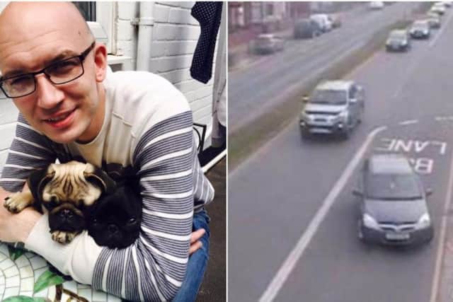 Tony Sherwin (left) and CCTV footage of his car pulling into the car park (right)