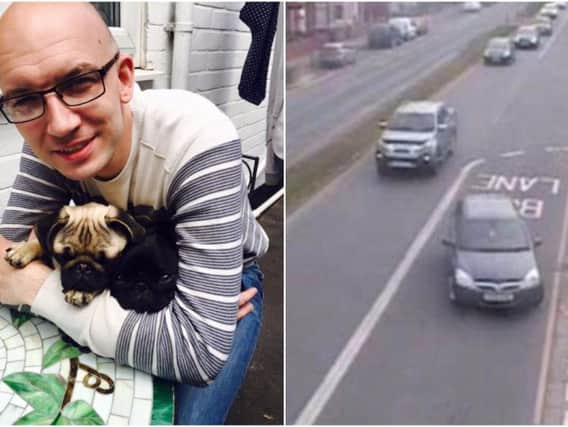 Tony Sherwin (left) and CCTV footage of his car pulling into the car park (right)
