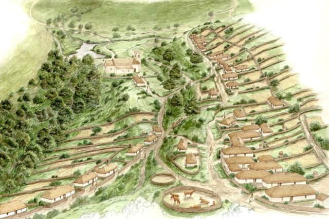 Artists impression of the mediaeval village of Wharram Percy in its heyday, by Stephen Conlin.