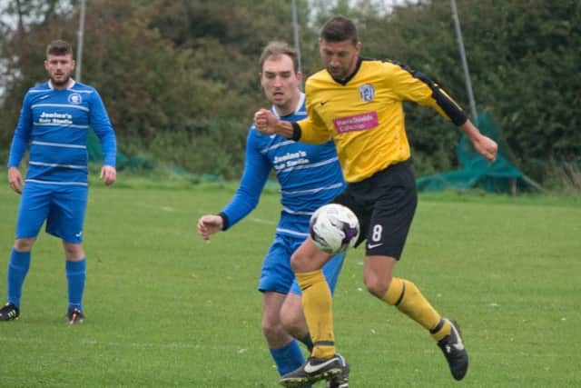 Scalby's Ashley Townley, who netted a last-gasp equaliser for his side, brings the ball down in the 1-1 draw at Cayton. Picture by Steve Lilly.