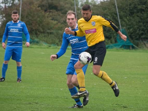 Scalby's Ashley Townley, who netted a last-gasp equaliser for his side, brings the ball down in the 1-1 draw at Cayton. Picture by Steve Lilly.