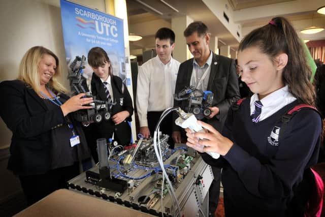 Engineering Week 2017 at The Scarbough Spa. Eskdale school pupils visit the UTC Stand . Staff Karen Jones, pupil Ellie Cayley , exhibiter Andrej Lieskovsky ,Principle Tim Inglefield , pupil Jayce Thomas . pic Richard Ponter 174907d