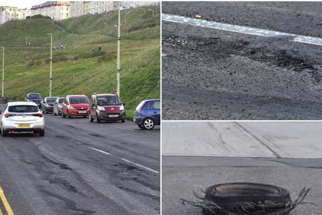 The damaged road surface and a discarded tyre at the scene. Pictures by Richard Ponter.