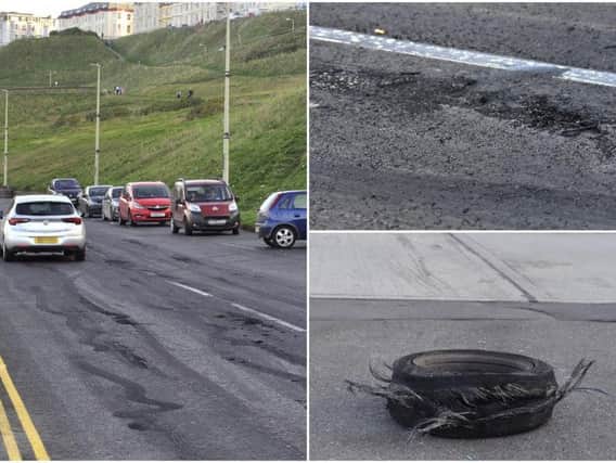 The damaged road surface and a discarded tyre at the scene. Pictures by Richard Ponter.