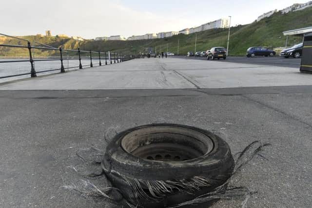 A shredded tyre found at on Royal Albert Drive following the Static Royal car event.