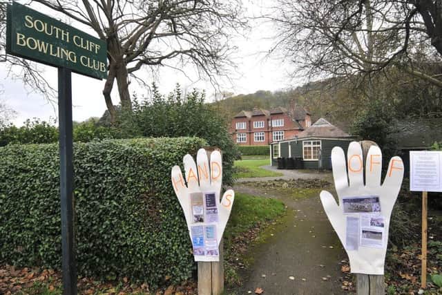 South Cliff Bowls club on Scarborough's Filey Road.Protest signs at the entrance. pic Richard Ponter 175070c