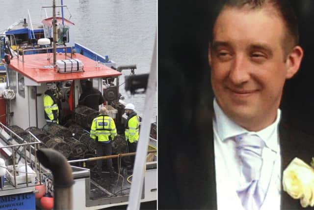 Police aboard the fishing boat. Left: Darren Morley