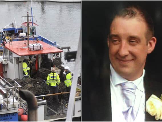 Police aboard the fishing boat. Left: Darren Morley